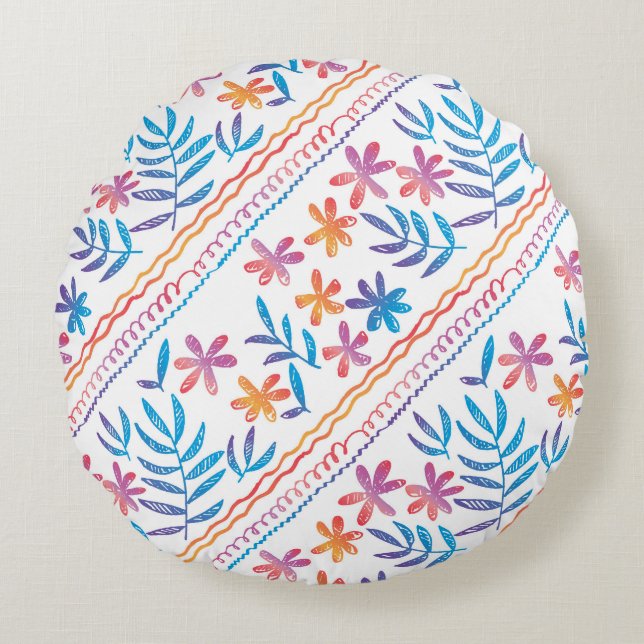 Hand drawn tropical flowers, leaves pattern. round cushion (Front)