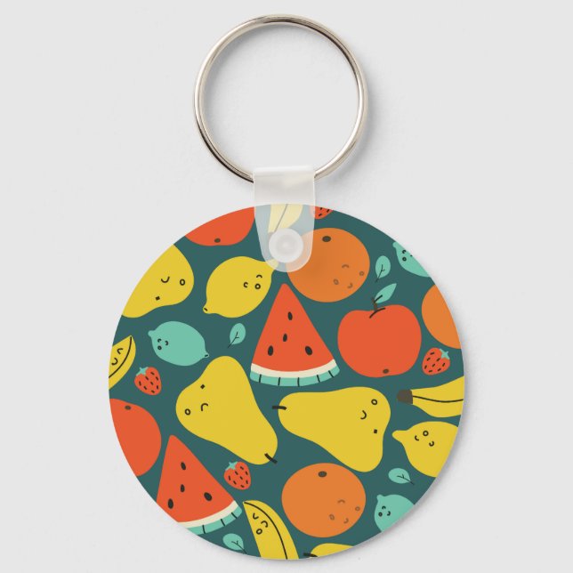 Hand Drawn Tropical Fruit Pattern Key Ring (Front)