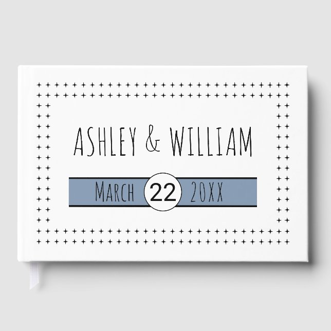 Hand drawn typography dusty blue geometric wedding guest book (Front)