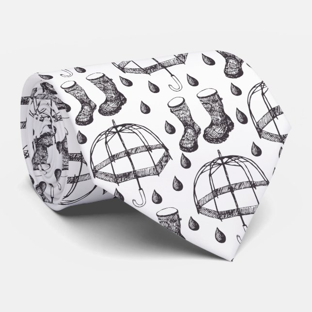 Hand Drawn Umbrella and Rain Boots Pattern Tie (Rolled)