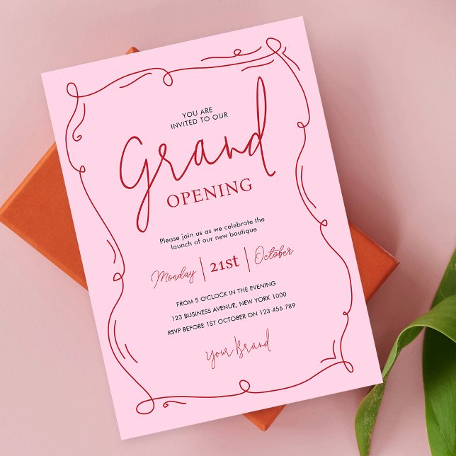 Hand Drawn Unique Pink Grand Opening Business Invitation (Whimsical blush pink and red business grand opening invitation design with handwritten fonts)