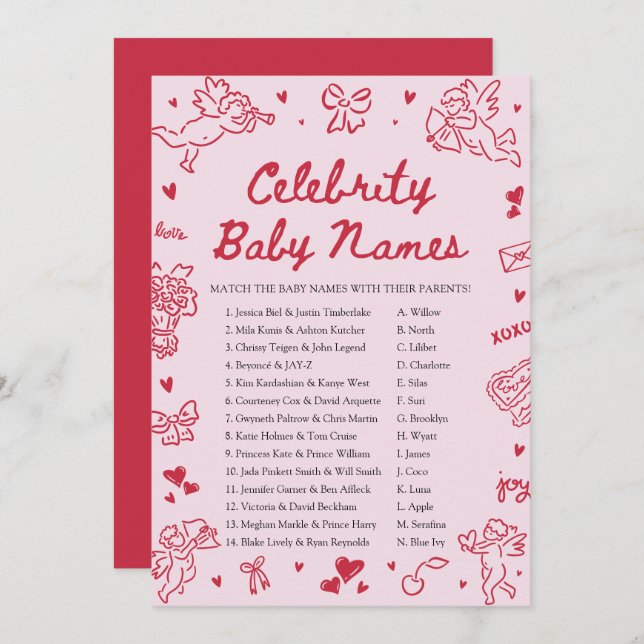 Hand Drawn Valentine Celebrity Baby Name Game Invitation (Front/Back)