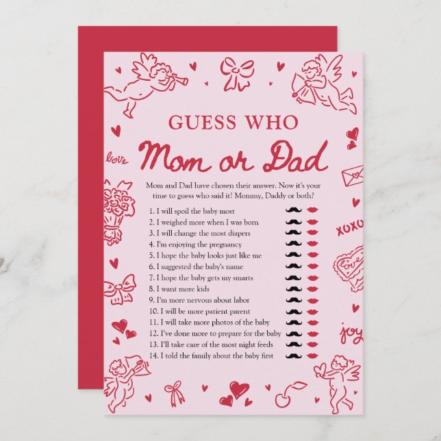 Hand Drawn Valentine Guess Who Mom or Dad Game Invitation (Front/Back)