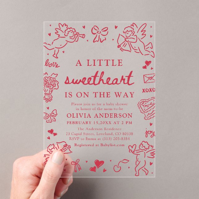 Hand Drawn Valentine Little Sweetheart Baby Shower Acrylic Invitations (Insitu (Handheld))