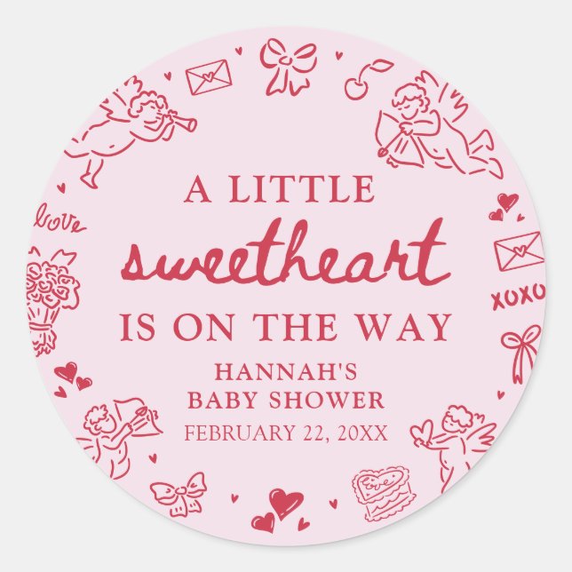 Hand Drawn Valentine Little Sweetheart Baby Shower Classic Round Sticker (Front)