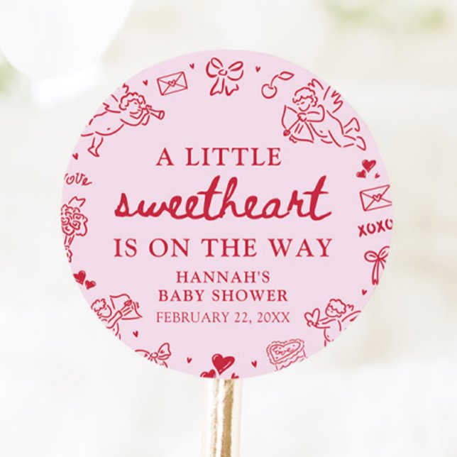 Hand Drawn Valentine Little Sweetheart Baby Shower Classic Round Sticker (Hand Drawn Valentine Little Sweetheart Baby Shower Classic Round Sticker)