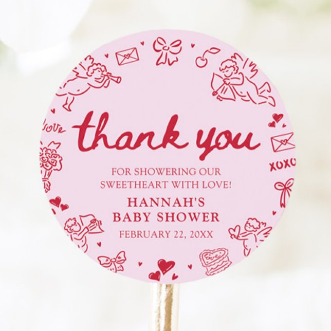 Hand Drawn Valentine Little Sweetheart Baby Shower Classic Round Sticker (Hand Drawn Valentine Little Sweetheart Baby Shower Classic Round Sticker)