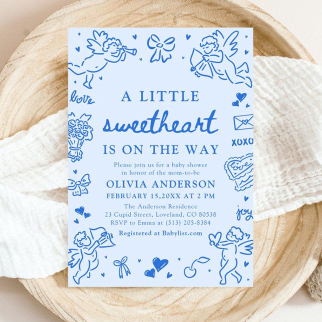Hand Drawn Valentine Little Sweetheart Baby Shower Invitation (Blue Hand Drawn Valentine Little Sweetheart Baby Shower Invitation)