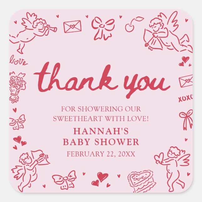 Hand Drawn Valentine Little Sweetheart Baby Shower Square Sticker (Front)