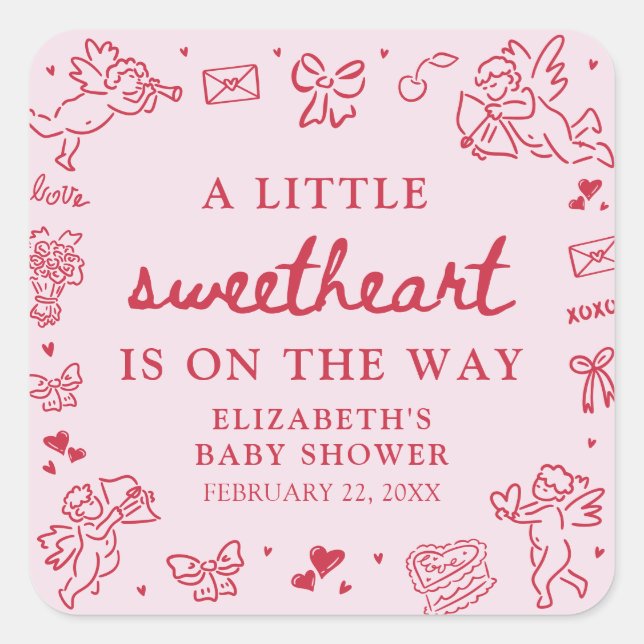 Hand Drawn Valentine Little Sweetheart Baby Shower Square Sticker (Front)