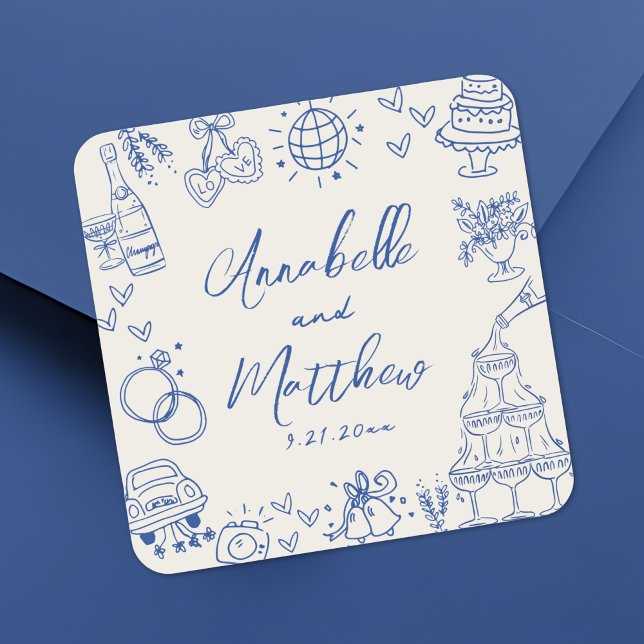 Hand Drawn Vintage Blue Wedding Square Sticker (Hand Drawn Quirky Vintage Blue Wedding Square Sticker)