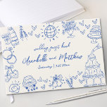 Hand Drawn Vintage Blue Whimsical Wedding Guest Book<br><div class="desc">European Inspired Blue and White Hand-Drawn Quirky Sketches Whimsical Wedding Guest Book. Perfect for couples seeking a unique and lighthearted keepsake, this design features a vintage off-white background with dusty blue accents. The guest book showcases fun hand-drawn illustrations that flow dynamically across the front, back, and spine, creating a cohesive,...</div>