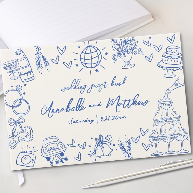 Hand Drawn Vintage Blue Whimsical Wedding Guest Book (Hand Drawn Vintage Blue Whimsical Wedding Guest Book)