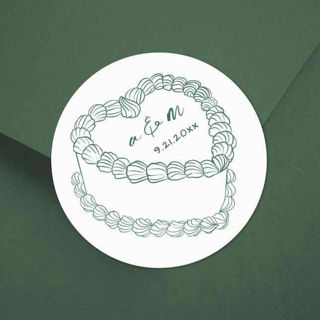 Hand Drawn Vintage Cake Green Whimsical Wedding Classic Round Sticker (Hand Drawn Vintage Cake Green Whimsical Wedding Classic Round Sticker )
