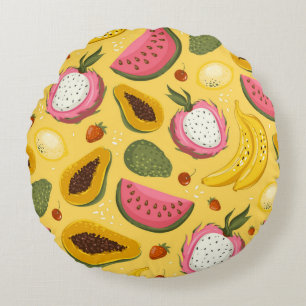 Hand drawn vintage cartoon summer fruits. Seamless Round Cushion