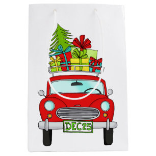 Hand drawn vintage Christmas car Medium Gift Bag