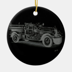 hand drawn vintage fire truck inverse ceramic tree decoration