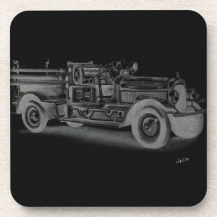 hand drawn vintage fire truck inverse coaster