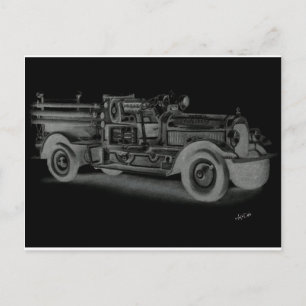 hand drawn vintage fire truck inverse postcard
