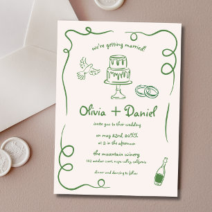 Hand Drawn Vintage French Green Whimsical Wedding Invitation