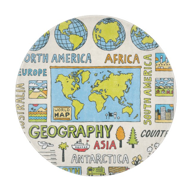 Hand Drawn Vintage Geography Illustration Cutting Board (Front)