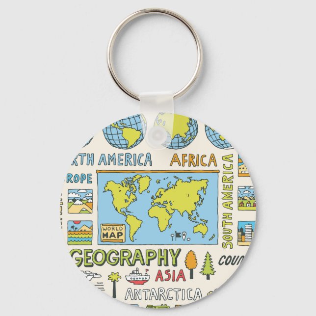 Hand Drawn Vintage Geography Illustration Key Ring (Front)
