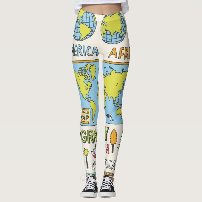 Hand Drawn Vintage Geography Illustration Leggings (Front)