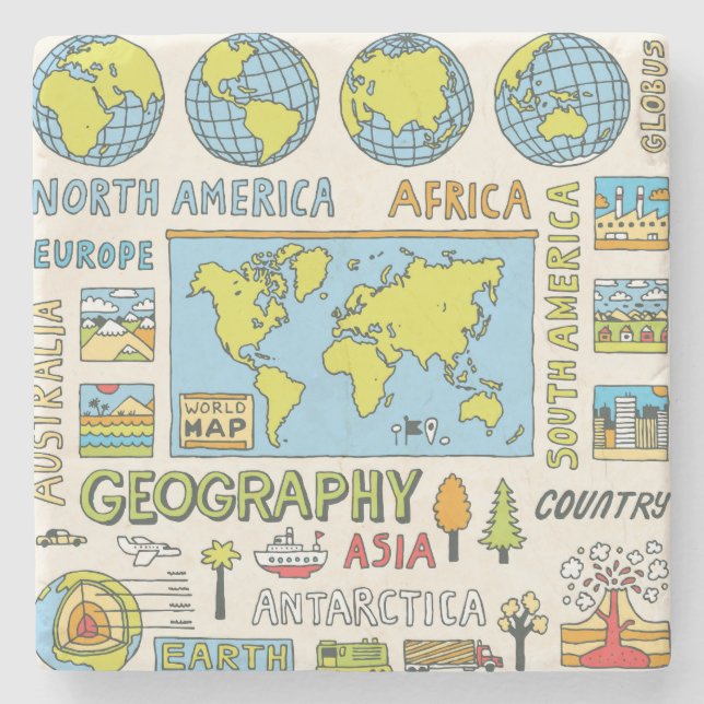 Hand Drawn Vintage Geography Illustration Stone Coaster (Front)