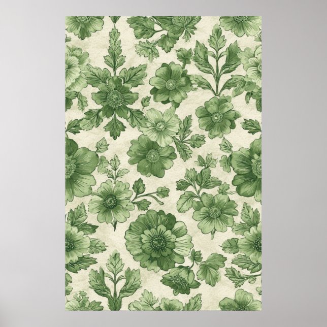 Hand-Drawn Vintage Green Botanical Pattern Poster (Front)