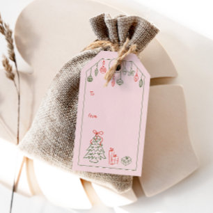 Hand-Drawn Vintage-Inspired Christmas Pink To From Gift Tags