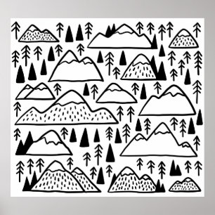 Hand-Drawn Vintage Mountains and Trees. Poster
