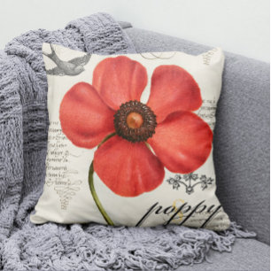 Hand-Drawn Vintage Red Poppy Pop of Colour  Cushion