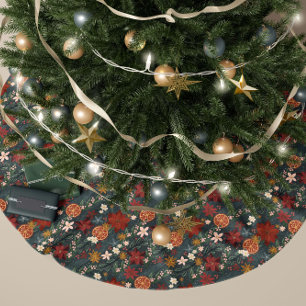 Hand Drawn Vintage Winter Florals Dark Green Brushed Polyester Tree Skirt