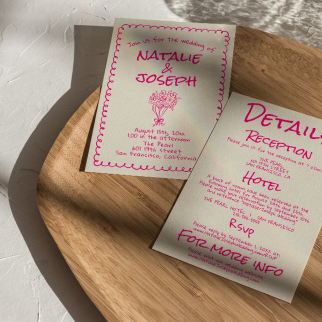 Hand Drawn Vivid Pink Retro Double Sided Wedding Invitation (Creator Uploaded)