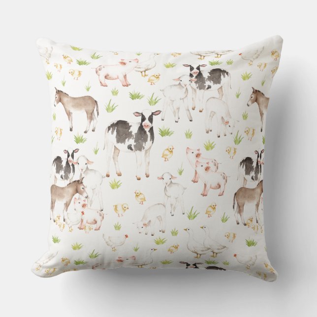 Hand drawn watercolor animals on the farm cushion (Front)