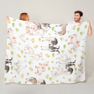 Hand drawn watercolor animals on the farm fleece blanket