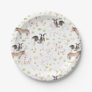 Hand drawn watercolor animals on the farm paper plate