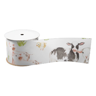 Hand drawn watercolor animals on the farm satin ribbon