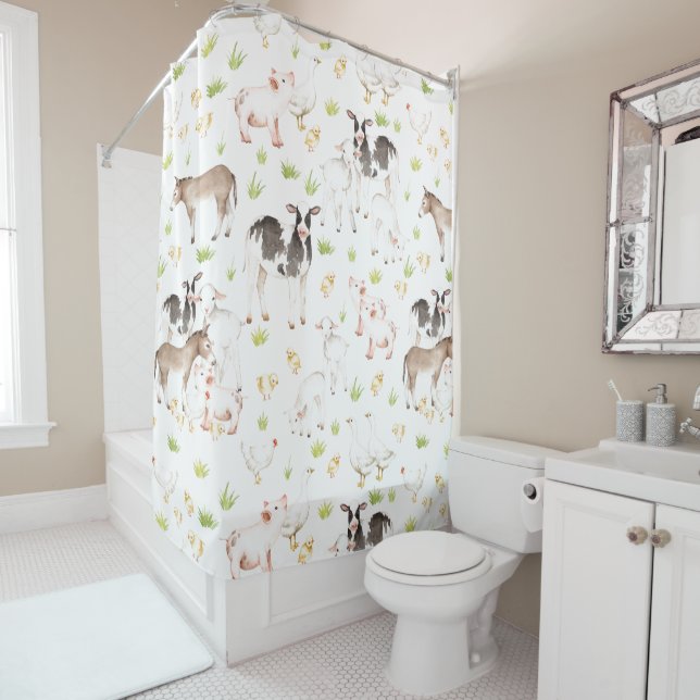 Hand drawn watercolor animals on the farm shower curtain (In Situ)