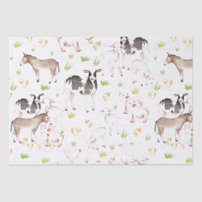 Hand drawn watercolor animals on the farm tissue paper (Front)