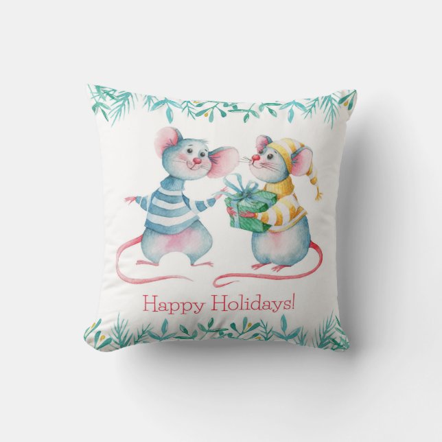 Hand Drawn Watercolor Cute Mice Cushion (Front)