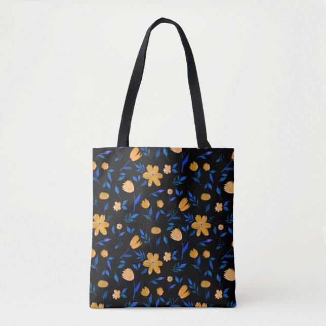 Hand-drawn watercolor flowers and leaves pattern. tote bag (Front)