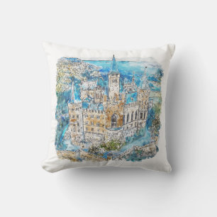 Hand Drawn Watercolor Hohenzollern Castle Germany Cushion