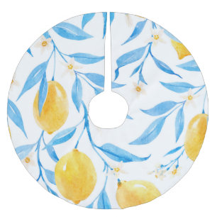 Hand Drawn Watercolor Lemons Pattern Brushed Polyester Tree Skirt