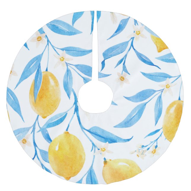 Hand Drawn Watercolor Lemons Pattern Brushed Polyester Tree Skirt (Front)