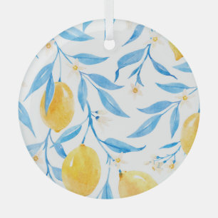 Hand Drawn Watercolor Lemons Pattern Glass Tree Decoration