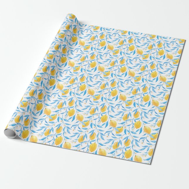 Hand Drawn Watercolor Lemons Pattern Wrapping Paper (Unrolled)