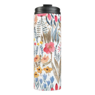 Hand-drawn watercolor seamless floral pattern with thermal tumbler