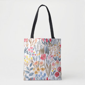 Hand-drawn watercolor seamless floral pattern with tote bag