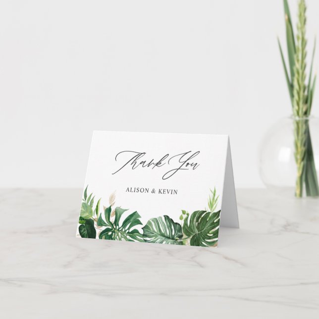 Hand Drawn Watercolor Tropical Palm Leaves Thank You Card (Front)